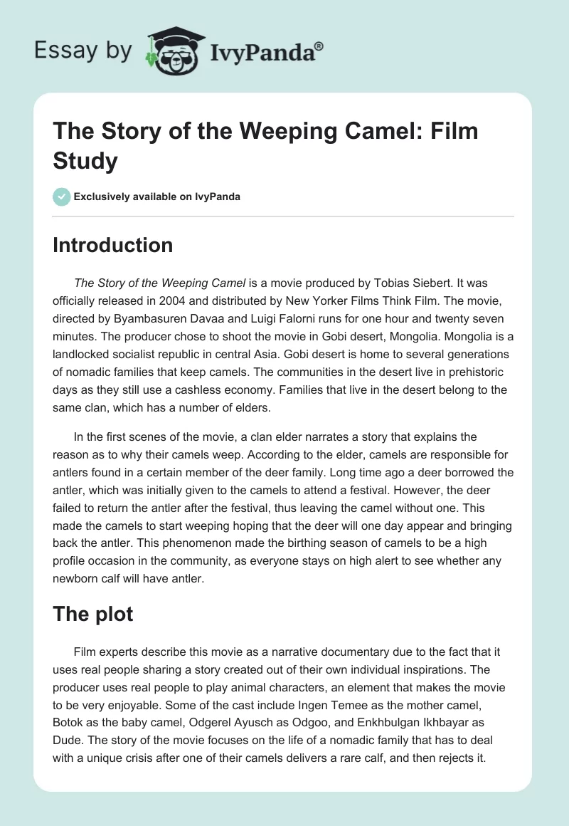 "The Story of the Weeping Camel": Film Study. Page 1