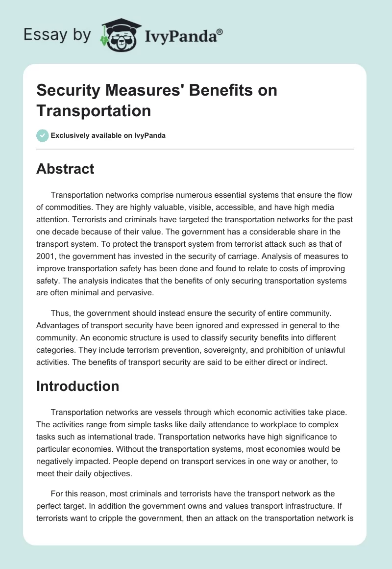 Security Measures' Benefits on Transportation. Page 1