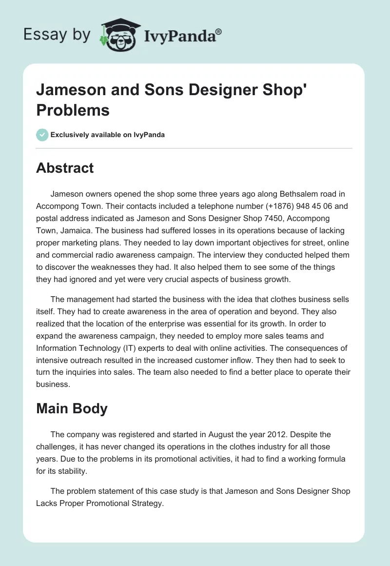 Jameson and Sons Designer Shop' Problems. Page 1