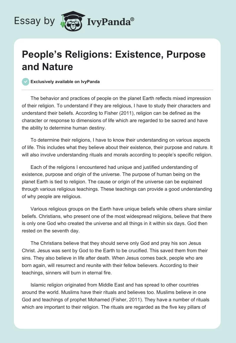 People’s Religions: Existence, Purpose and Nature. Page 1