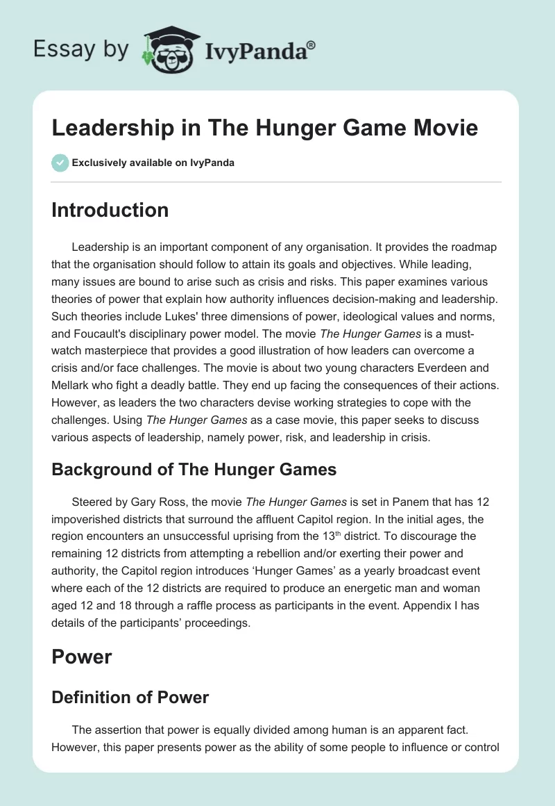 Leadership in "The Hunger Game" Movie. Page 1