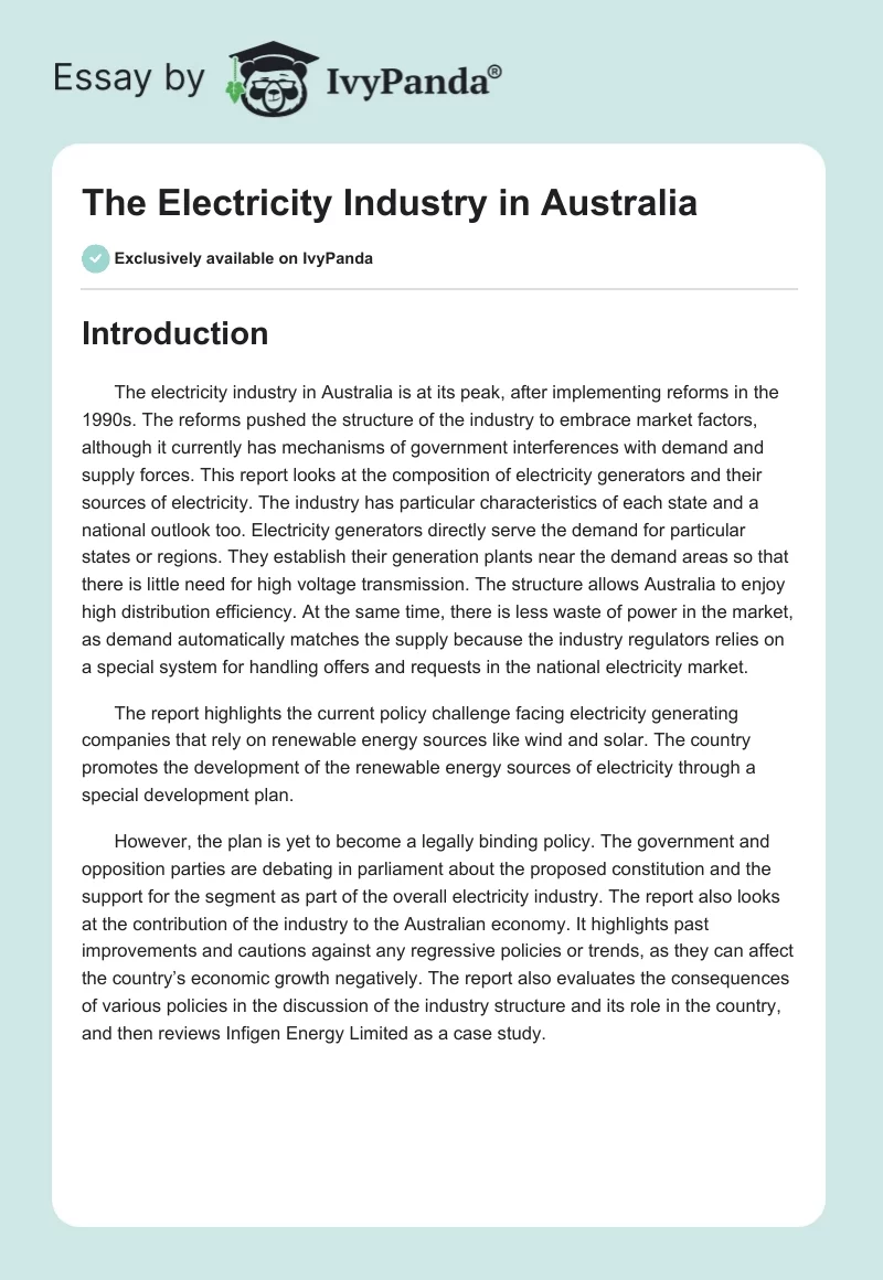 The Electricity Industry in Australia. Page 1