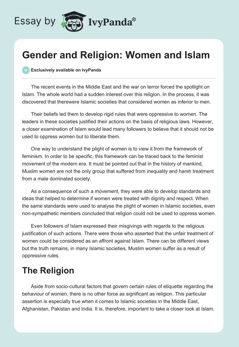 Gender and Religion: Women and Islam. Page 1