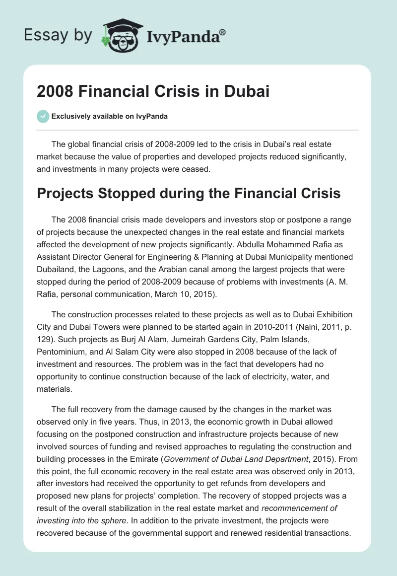 2008 Financial Crisis in Dubai. Page 1