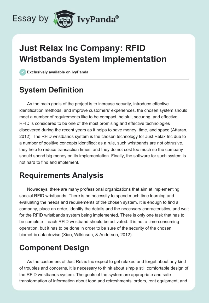 Just Relax Inc Company: RFID Wristbands System Implementation. Page 1
