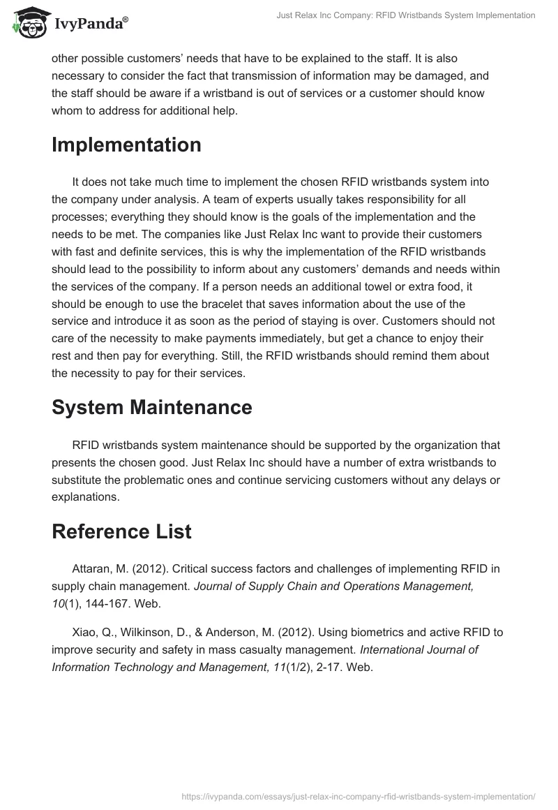Just Relax Inc Company: RFID Wristbands System Implementation. Page 2