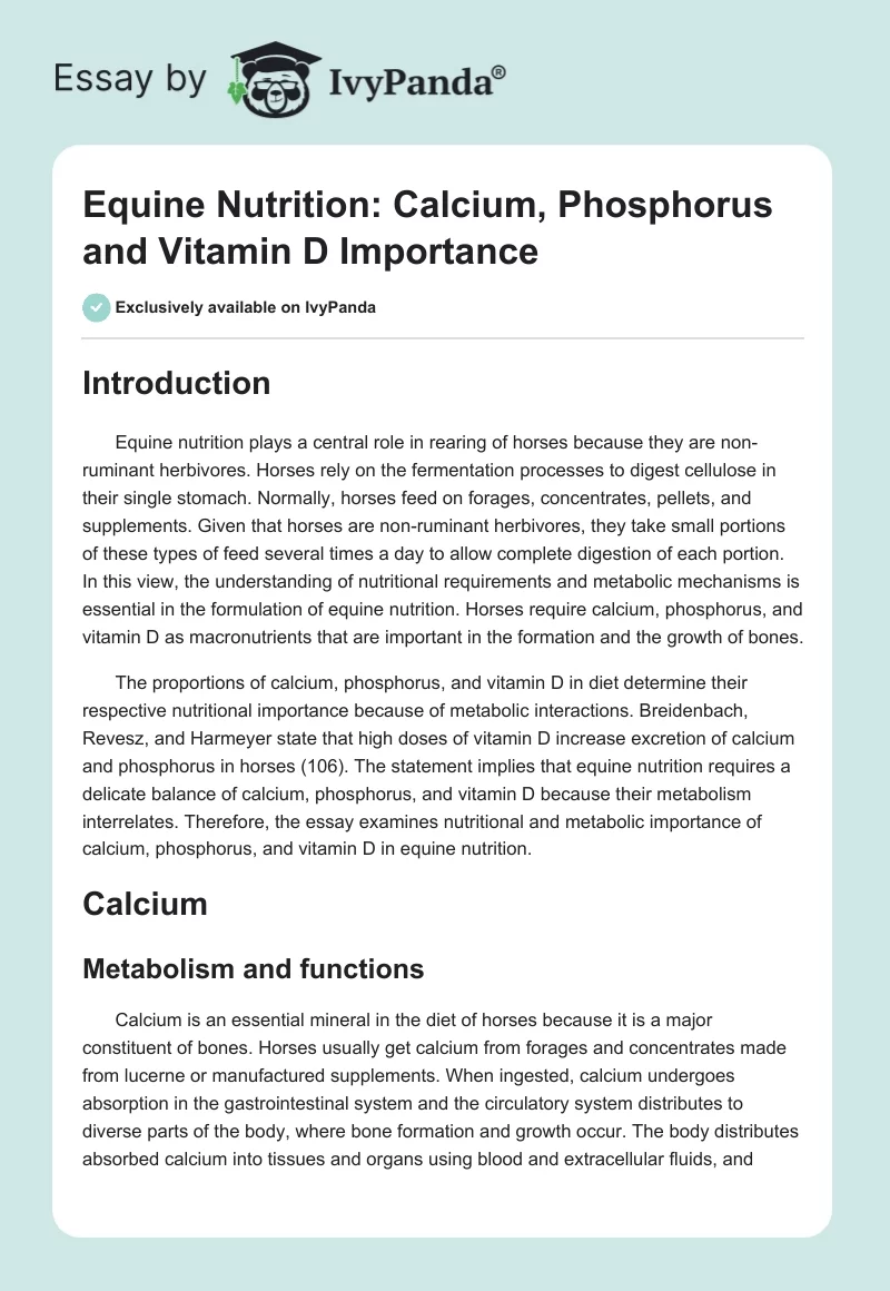 Equine Nutrition: Calcium, Phosphorus and Vitamin D Importance. Page 1