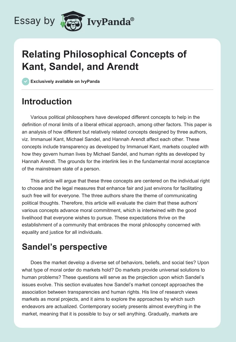 Relating Philosophical Concepts of Kant, Sandel, and Arendt. Page 1