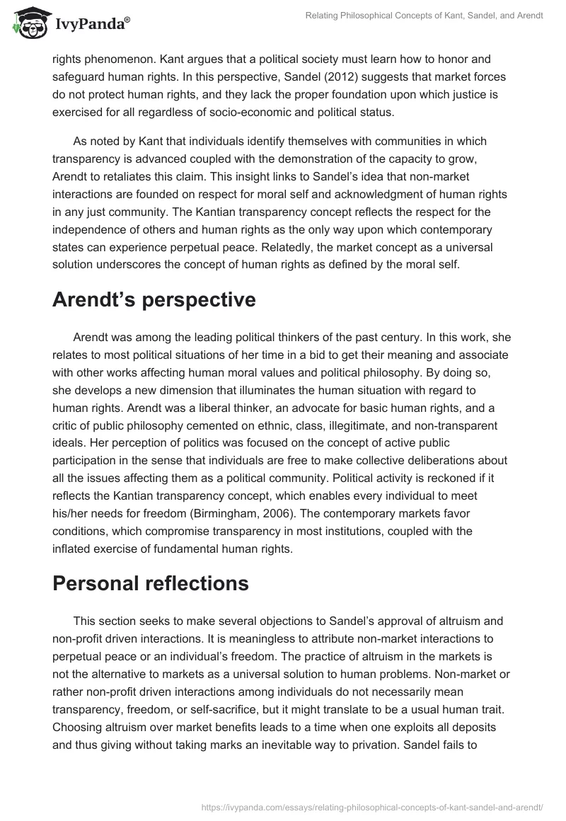 Relating Philosophical Concepts of Kant, Sandel, and Arendt. Page 3