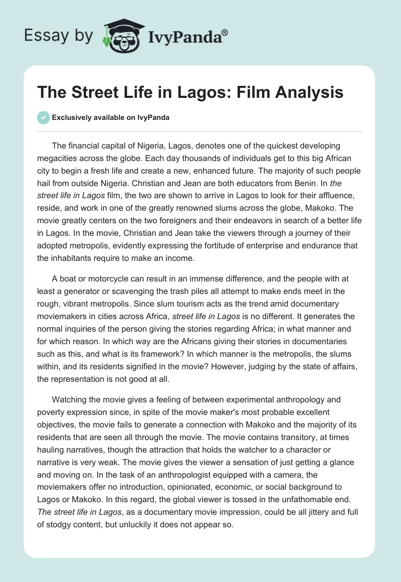 "The Street Life in Lagos": Film Analysis. Page 1