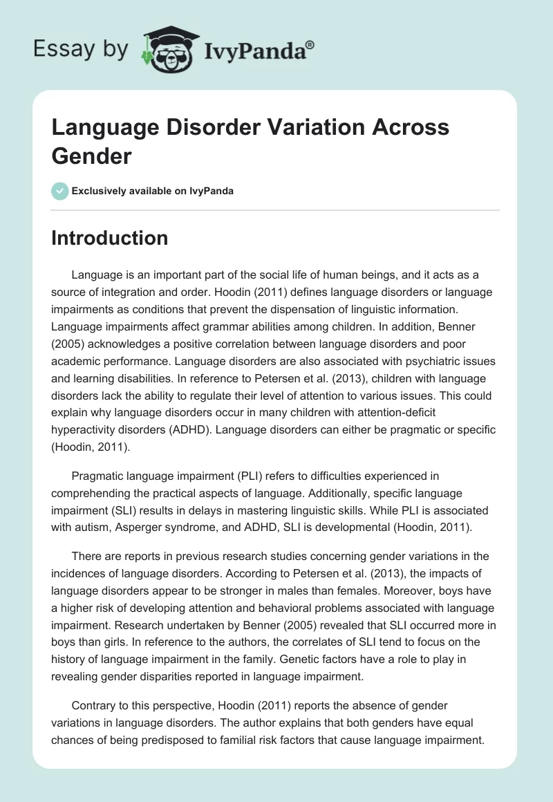 Language Disorder Variation Across Gender. Page 1