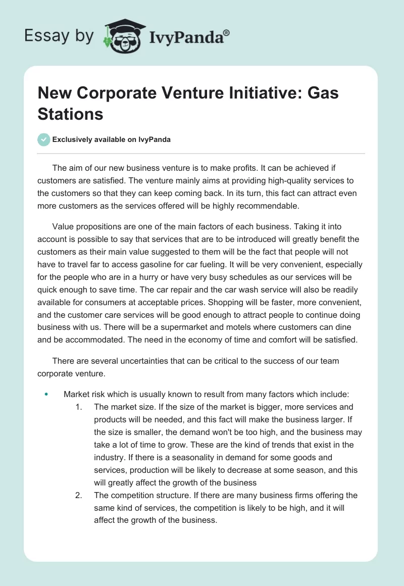 New Corporate Venture Initiative: Gas Stations. Page 1