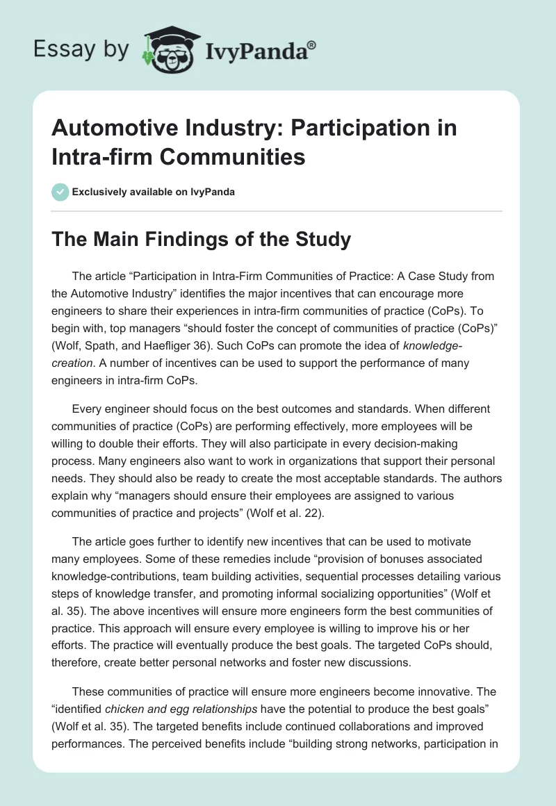 Automotive Industry: Participation in Intra-firm Communities. Page 1