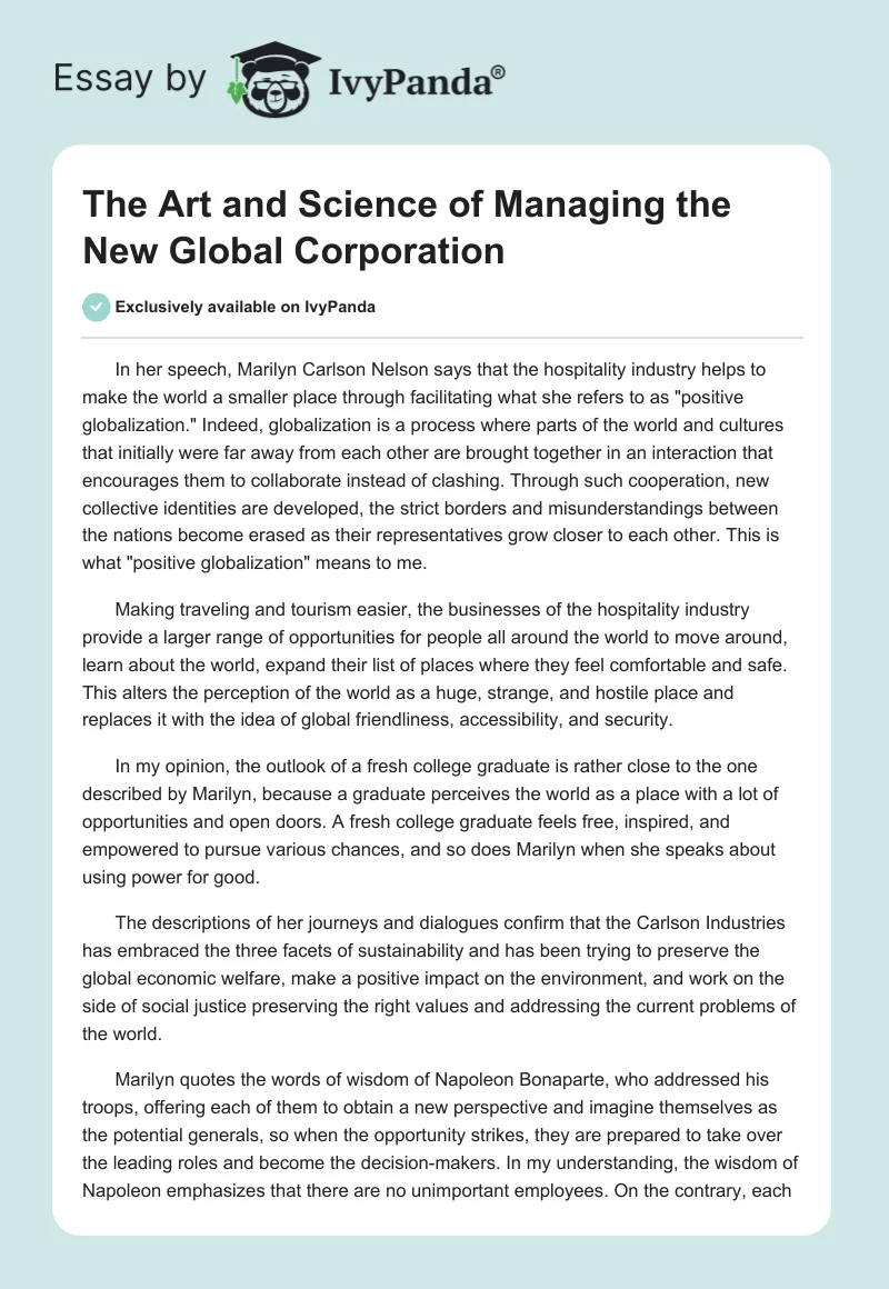 The Art and Science of Managing the New Global Corporation. Page 1