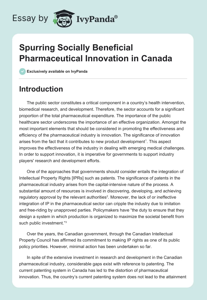 Spurring Socially Beneficial Pharmaceutical Innovation in Canada. Page 1