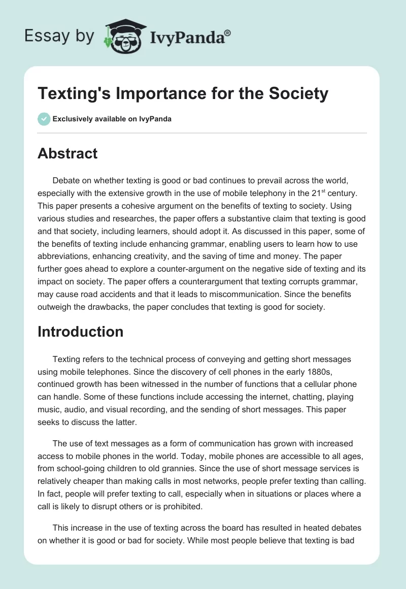 Texting's Importance for the Society. Page 1