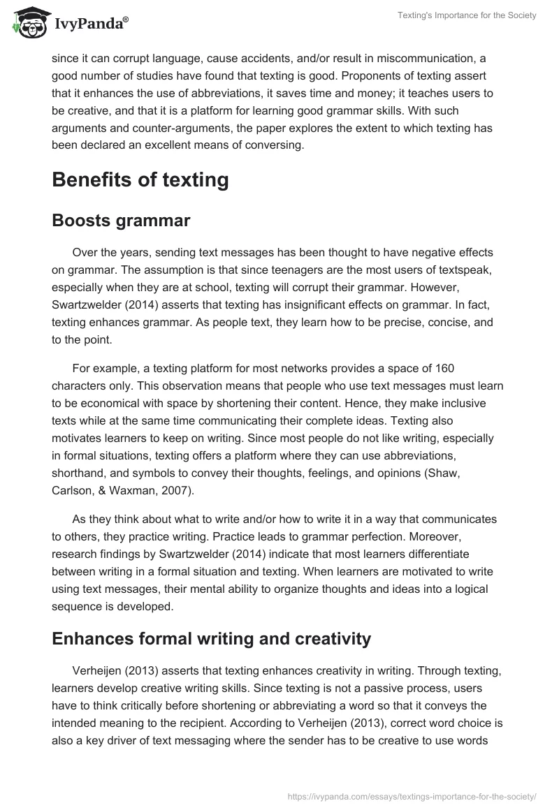 Texting's Importance for the Society. Page 2
