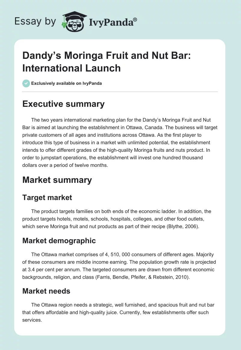 Dandy’s Moringa Fruit and Nut Bar: International Launch. Page 1