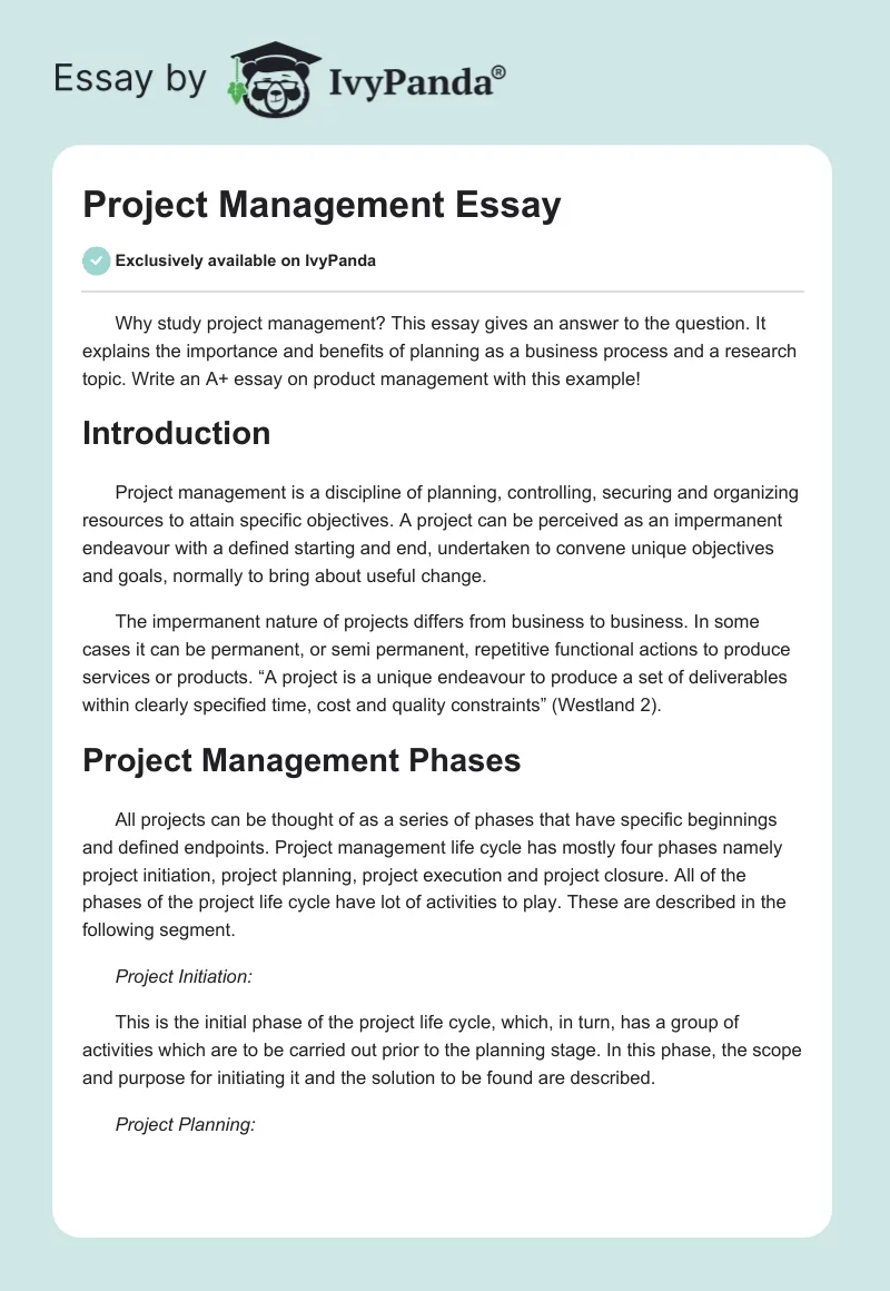 Project Management Essay. Page 1
