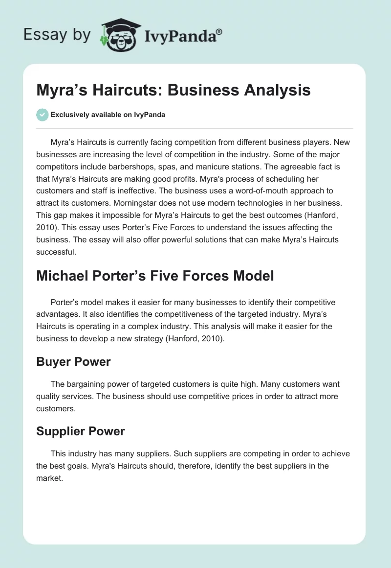 Myra’s Haircuts: Business Analysis. Page 1