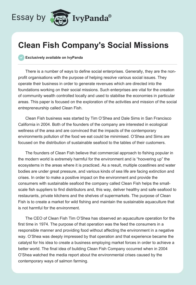 Clean Fish Company's Social Missions. Page 1