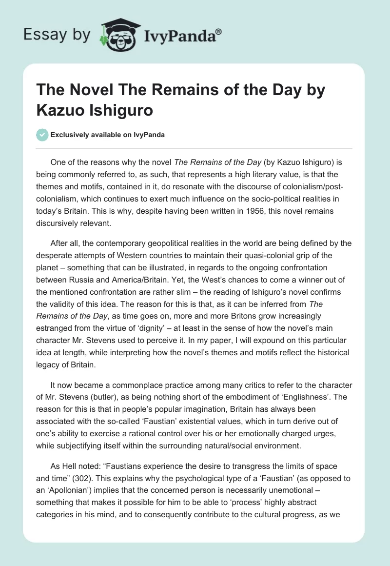 The Novel "The Remains of the Day" by Kazuo Ishiguro. Page 1