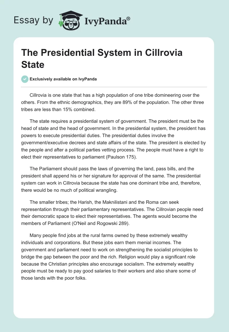 The Presidential System in Cillrovia State. Page 1
