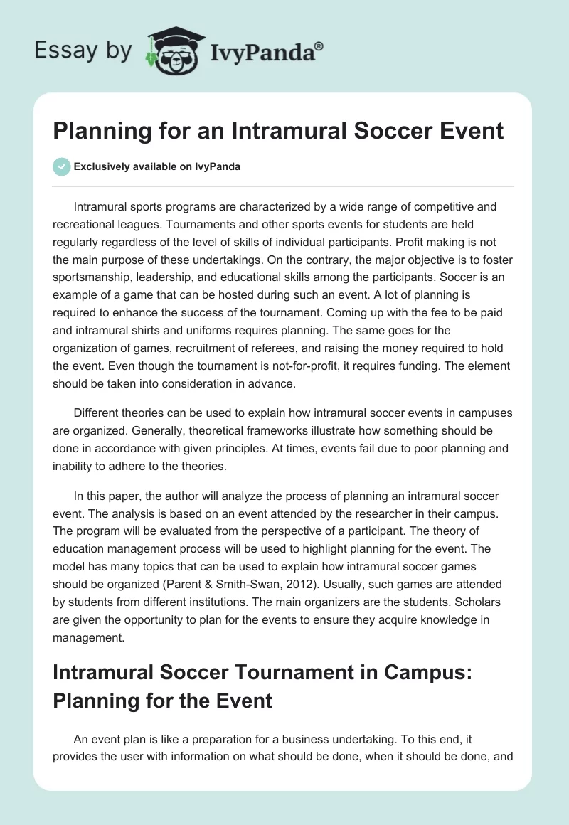 Planning for an Intramural Soccer Event. Page 1