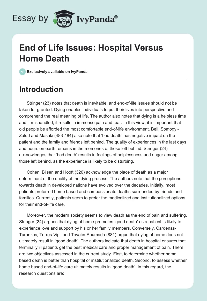 End of Life Issues: Hospital Versus Home Death. Page 1