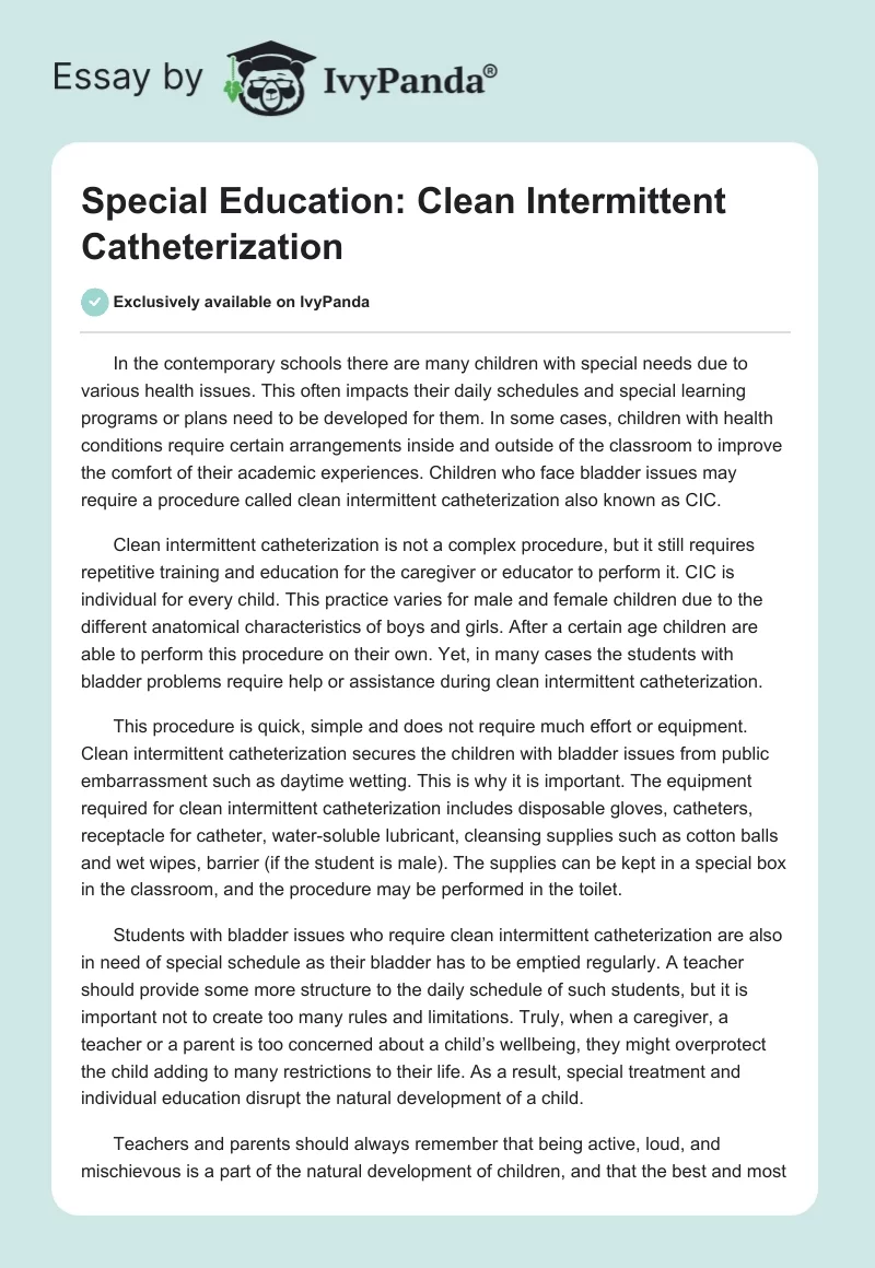 Special Education: Clean Intermittent Catheterization. Page 1