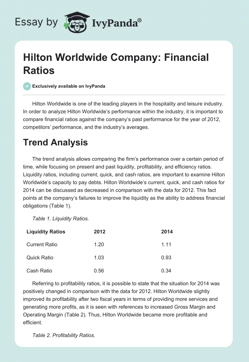 Hilton Worldwide Company: Financial Ratios. Page 1