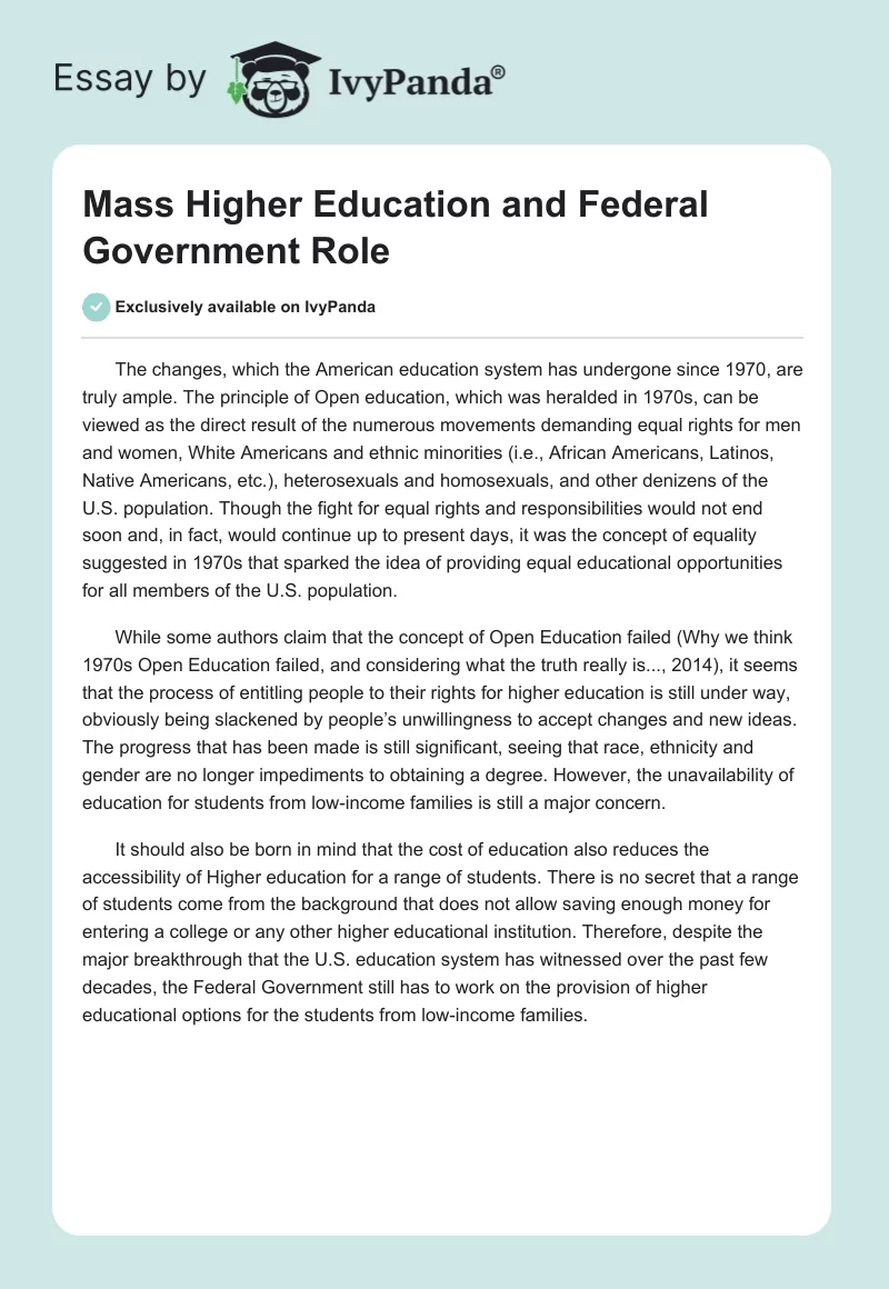Mass Higher Education and Federal Government Role. Page 1