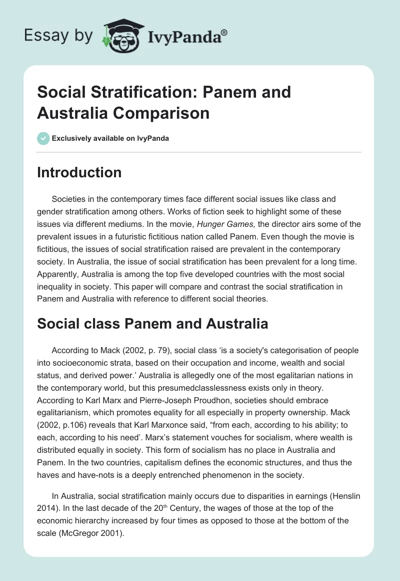Social Stratification: Panem and Australia Comparison. Page 1