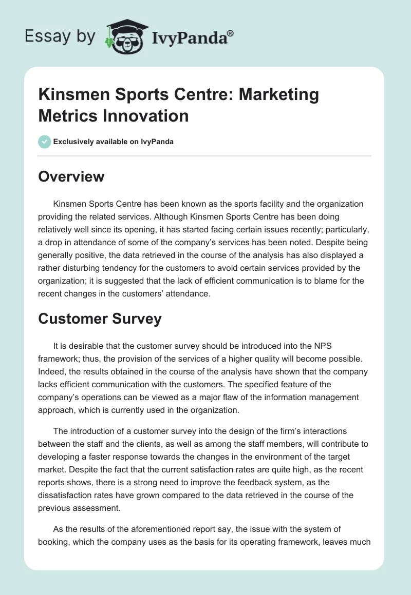 Kinsmen Sports Centre: Marketing Metrics Innovation. Page 1