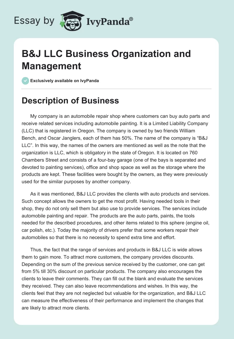 B&J LLC Business Organization and Management. Page 1