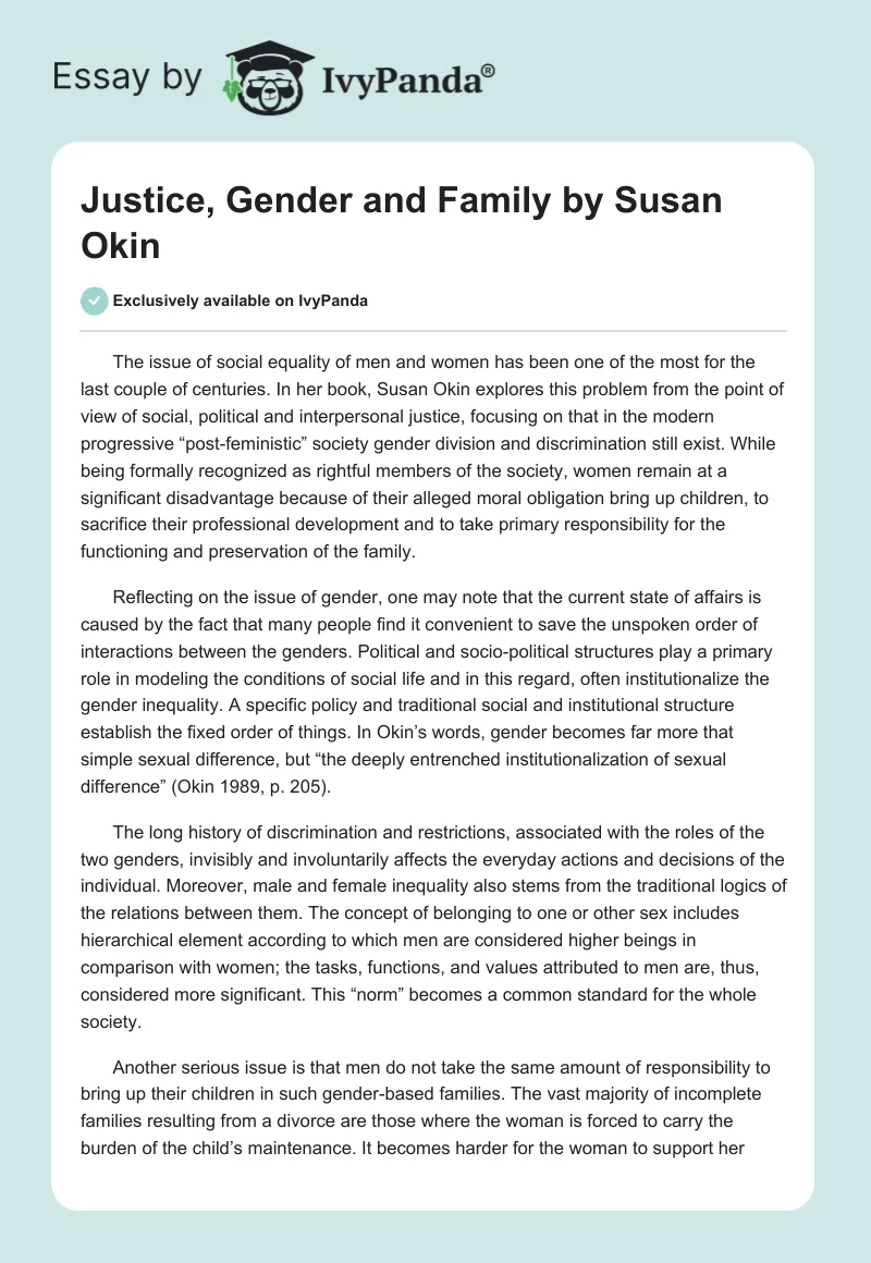"Justice, Gender and Family" by Susan Okin. Page 1