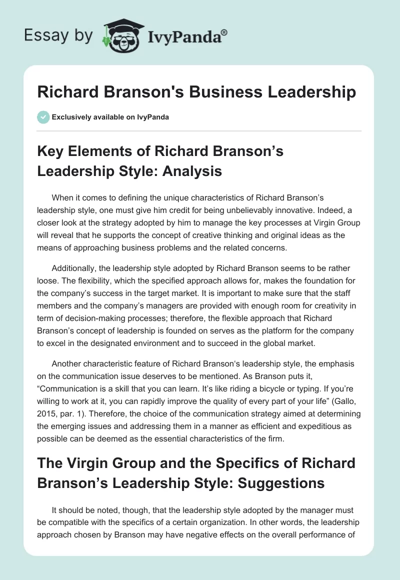 Richard Branson's Business Leadership. Page 1