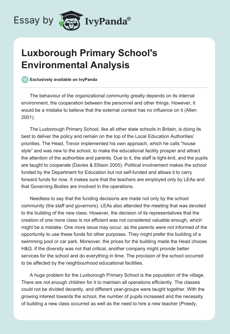 Luxborough Primary School's Environmental Analysis. Page 1
