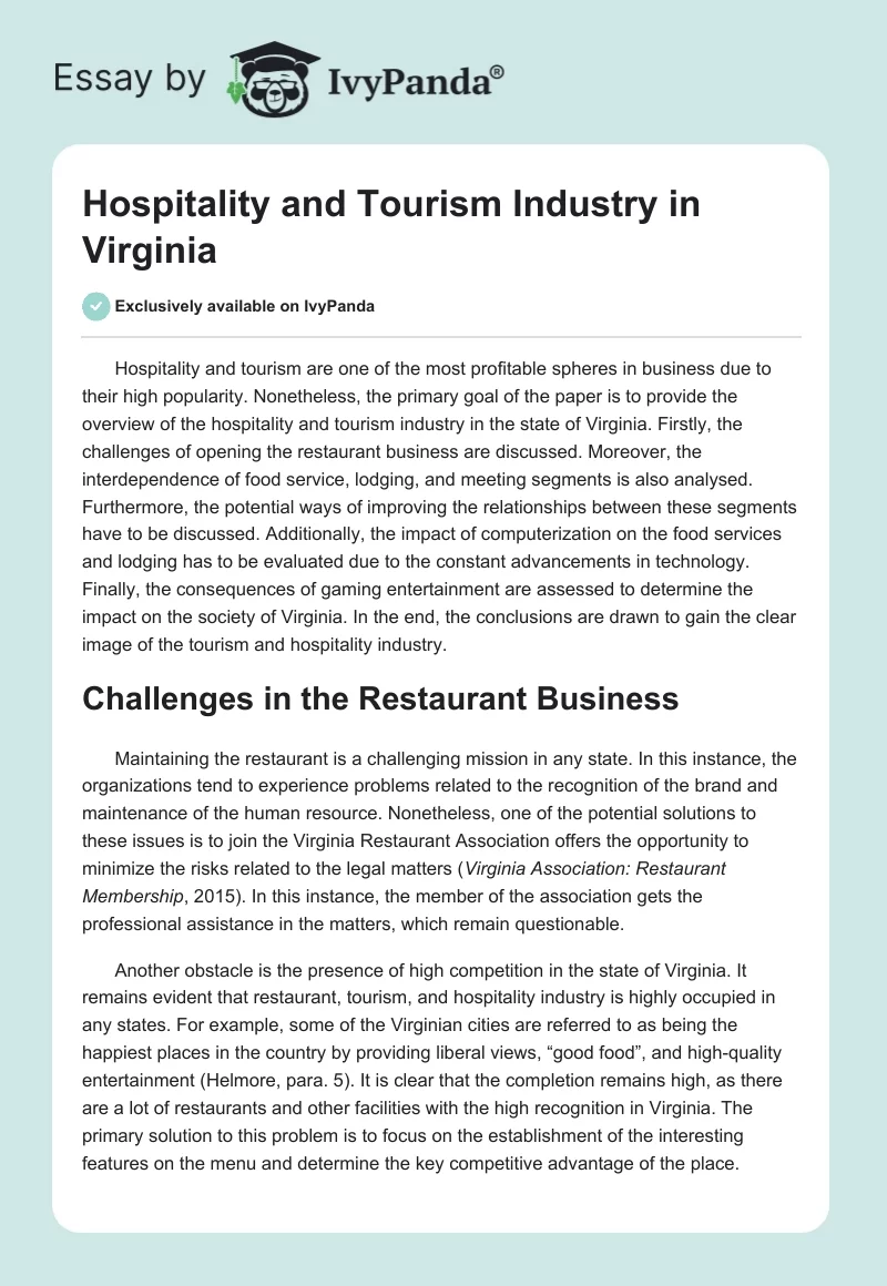 Hospitality and Tourism Industry in Virginia. Page 1