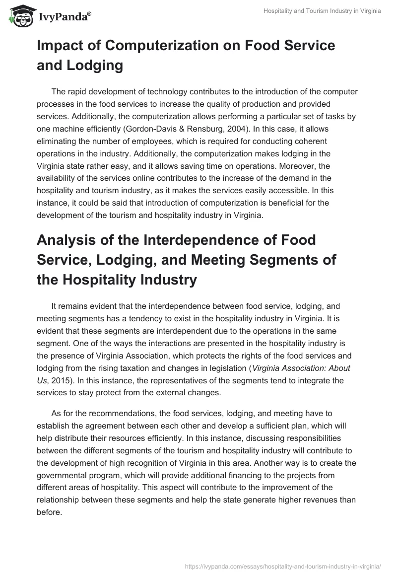Hospitality and Tourism Industry in Virginia. Page 2
