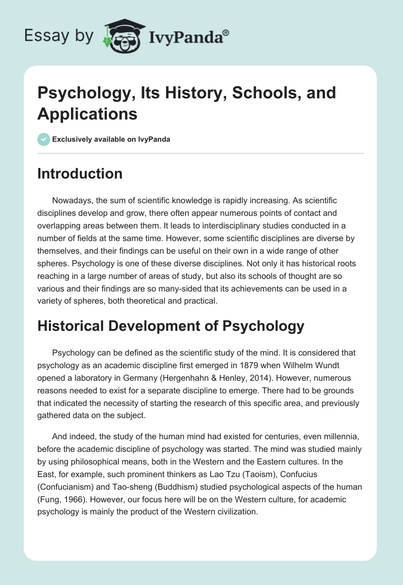 Psychology, Its History, Schools, and Applications. Page 1