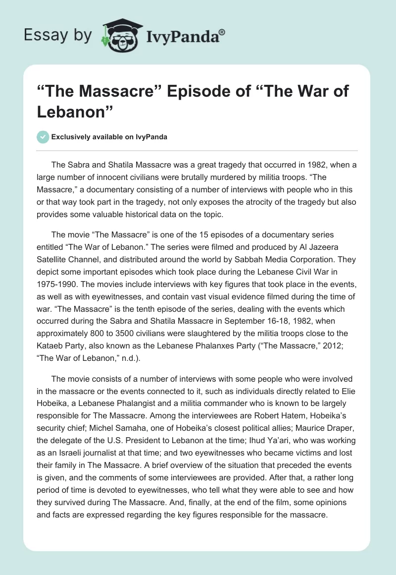 “The Massacre” Episode of “The War of Lebanon”. Page 1