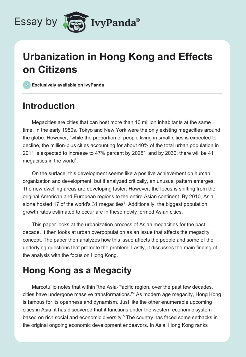 Urbanization in Hong Kong and Effects on Citizens. Page 1