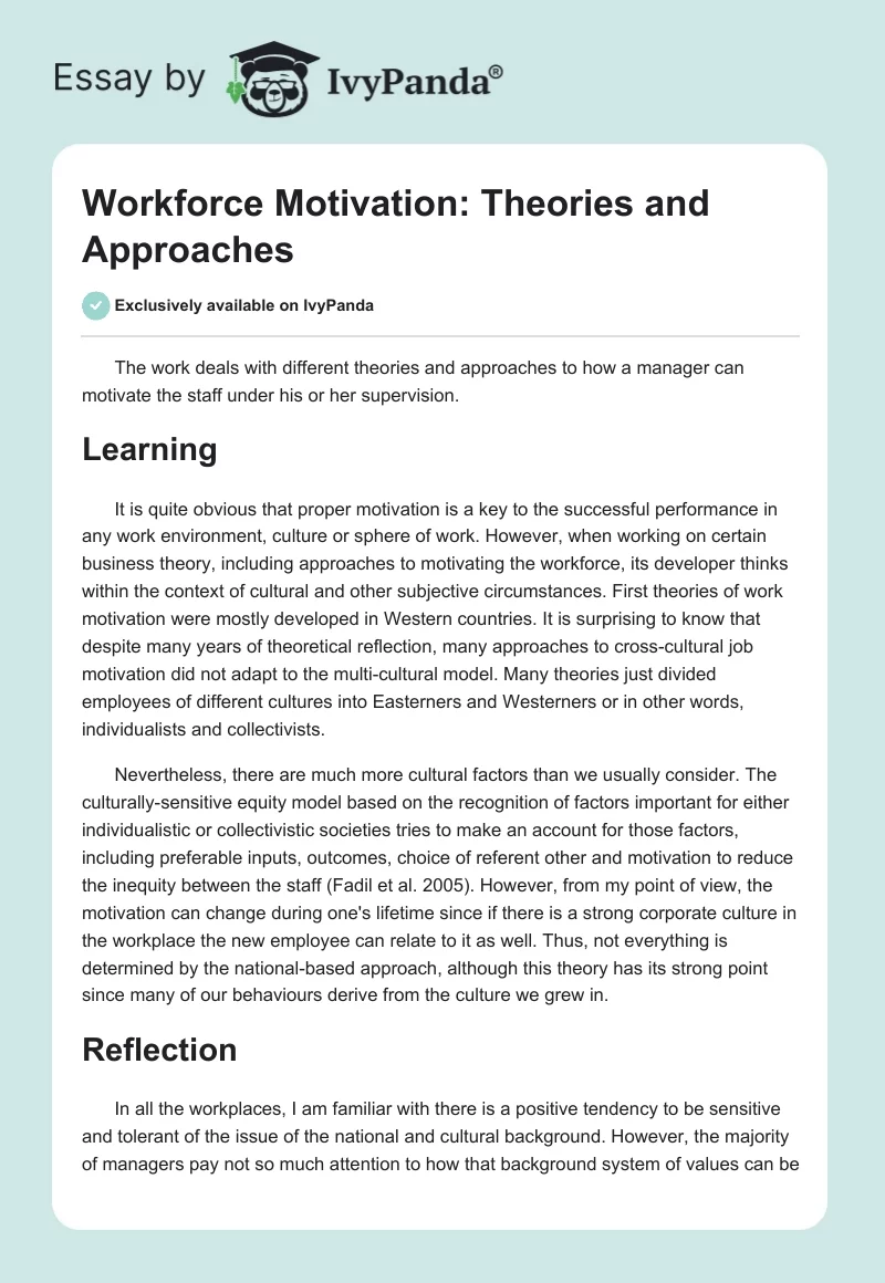 Workforce Motivation: Theories and Approaches. Page 1