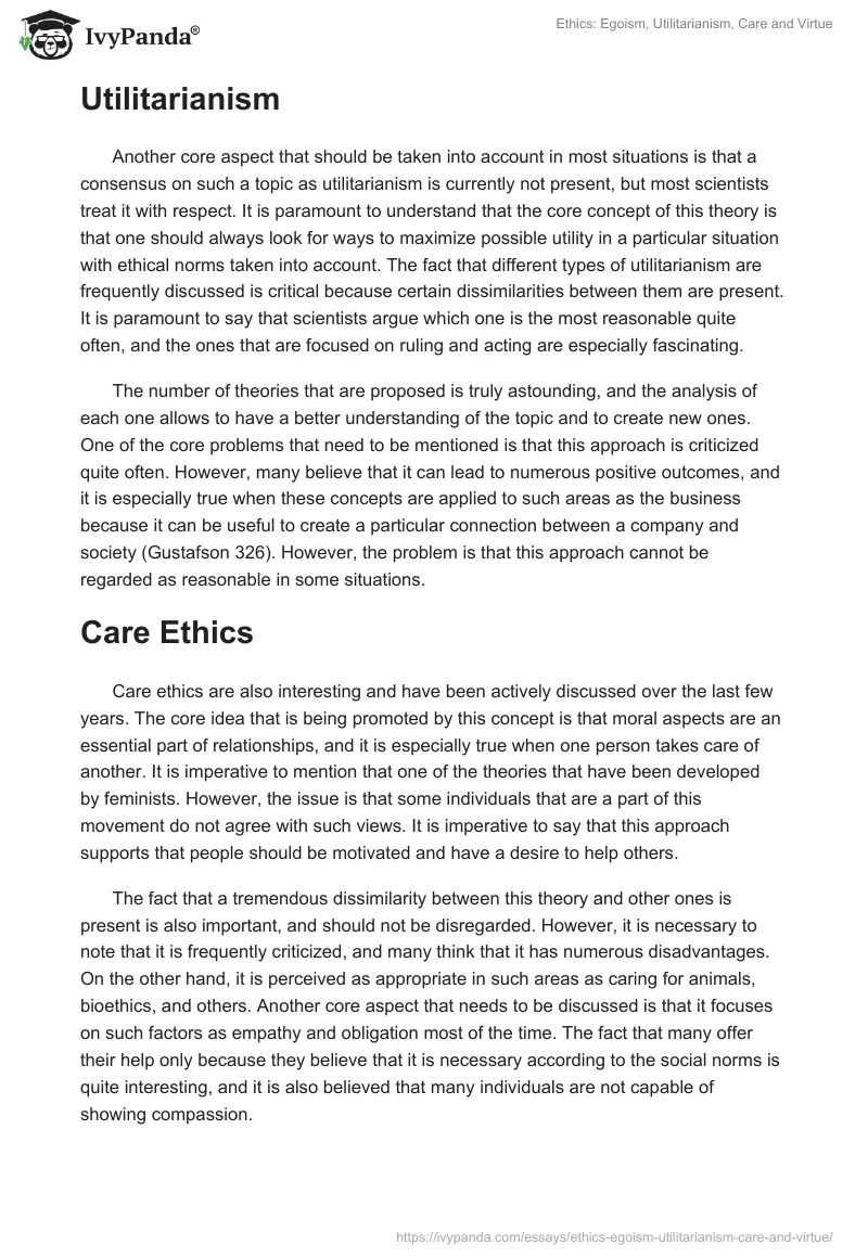 Ethics: Egoism, Utilitarianism, Care and Virtue. Page 2