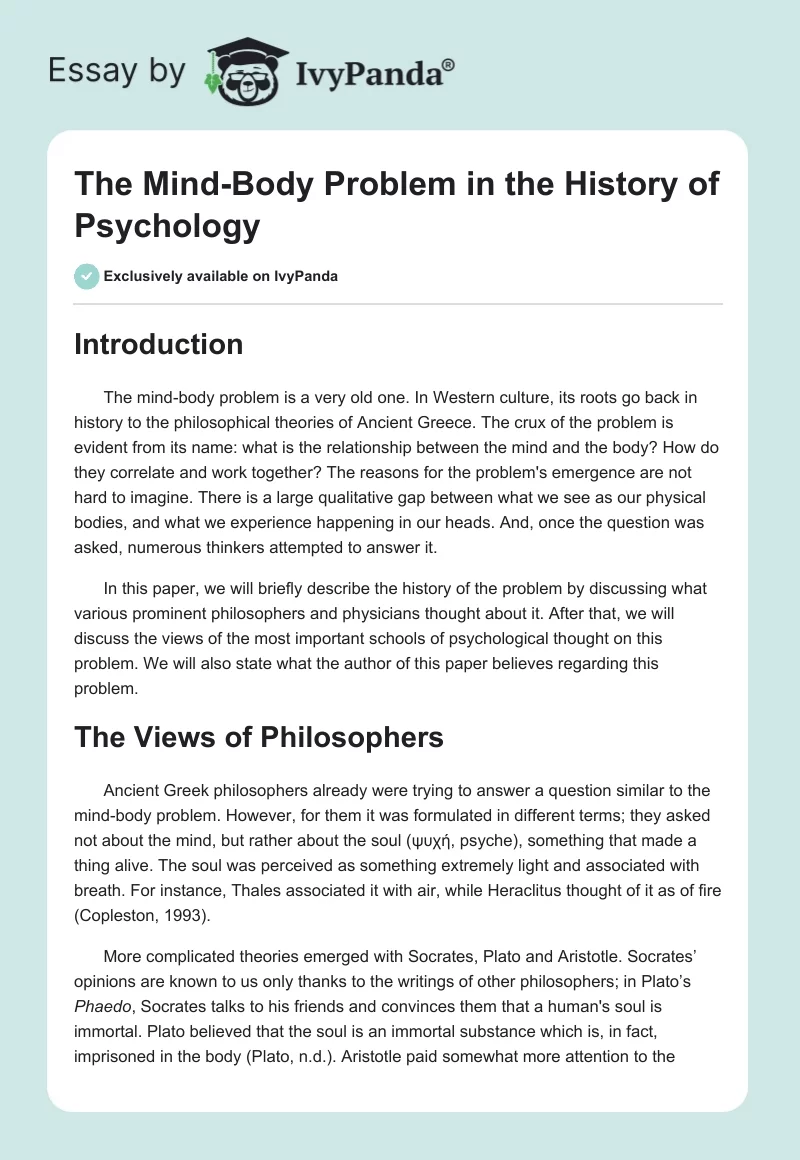 The Mind-Body Problem in the History of Psychology. Page 1
