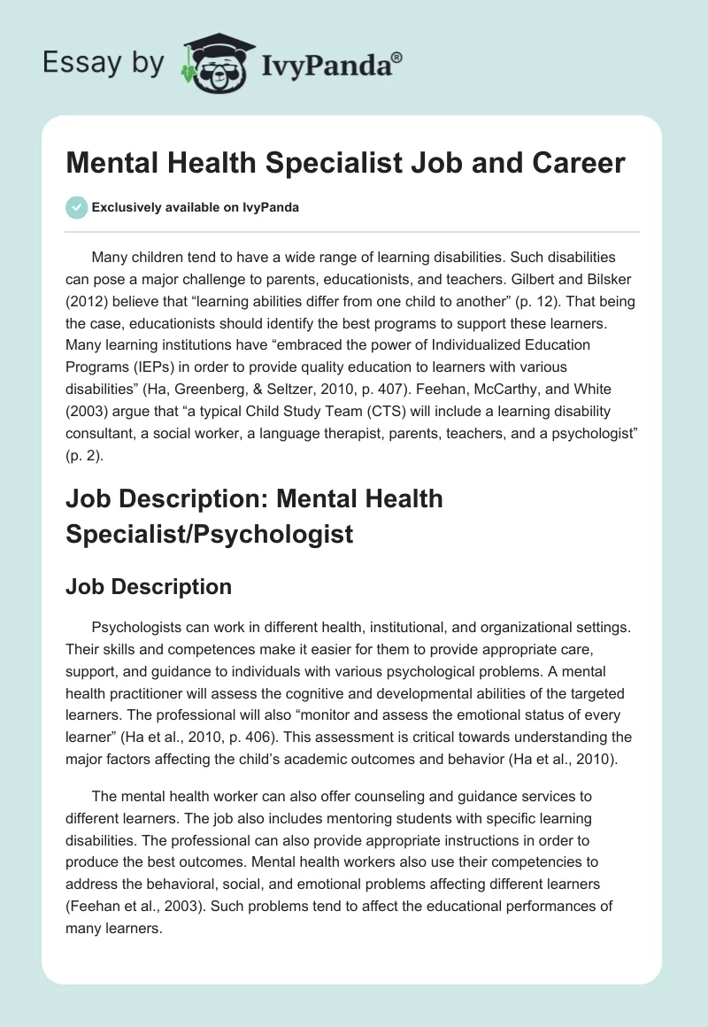 Mental Health Specialist Job and Career. Page 1