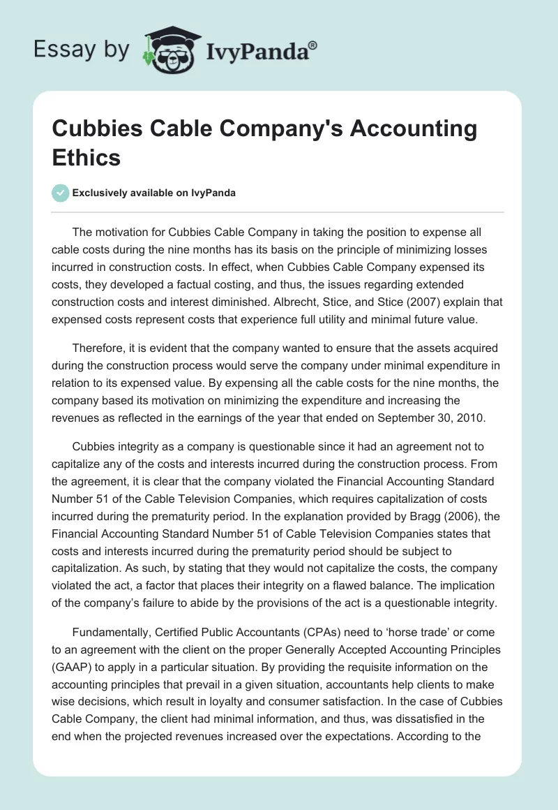 Cubbies Cable Company's Accounting Ethics. Page 1
