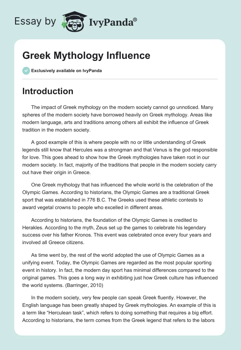 Greek Mythology Influence. Page 1