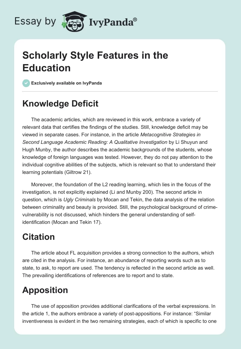 Scholarly Style Features in the Education. Page 1